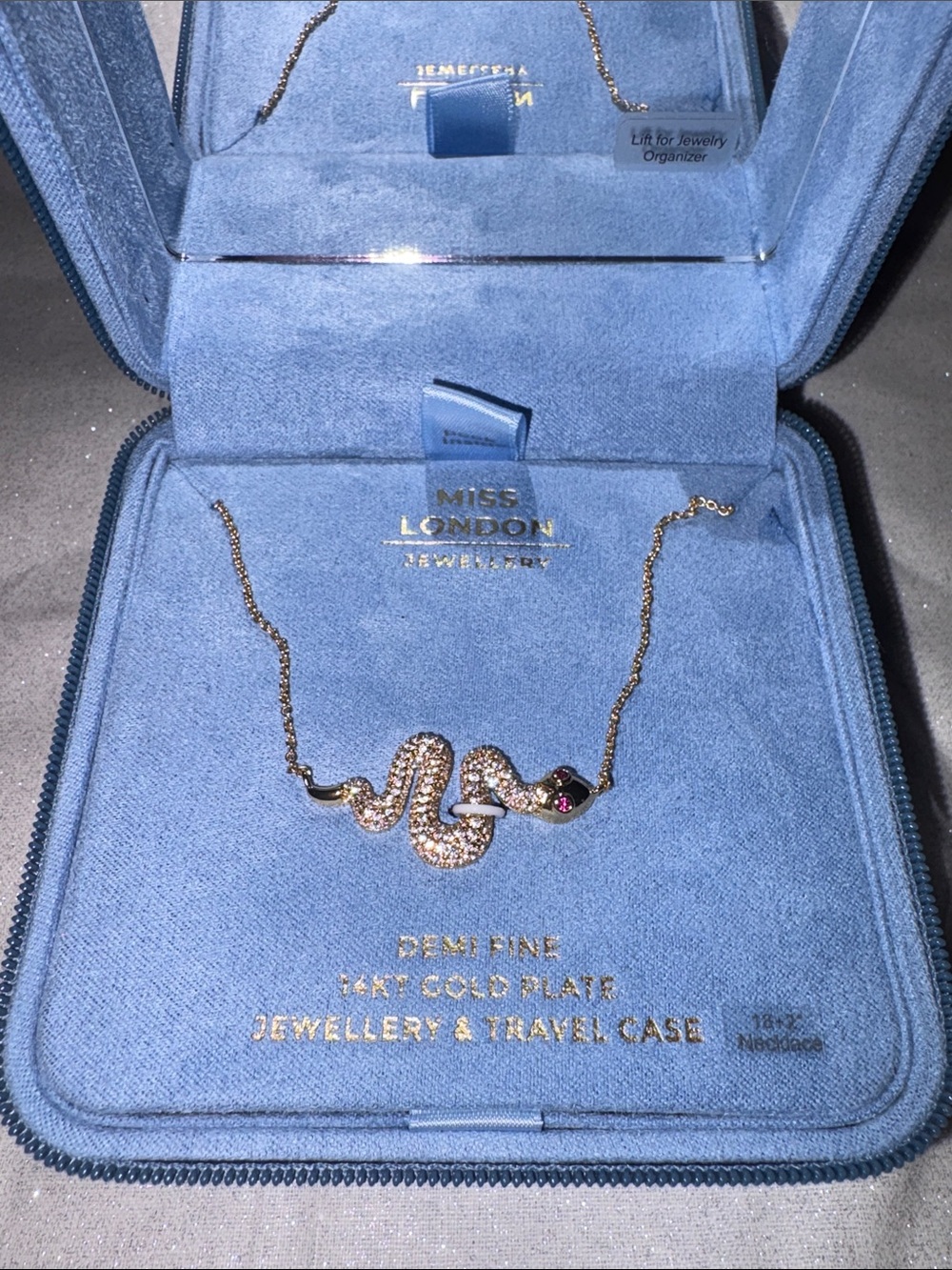 Miss London Gold Snake Pendant Necklace with Red Eye Accent/Carry Case